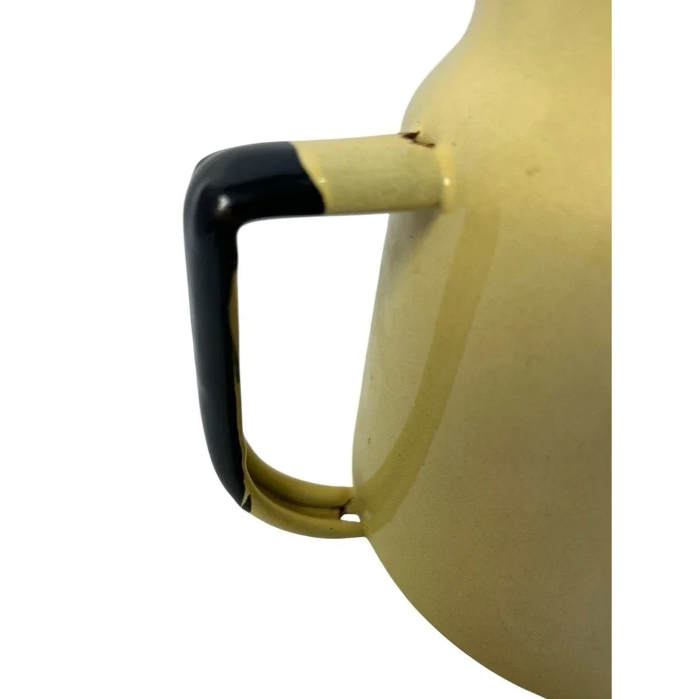 Vtg Enamelware Pitcher Yellow Black Trim Farmhouse Cottagecore Rustic